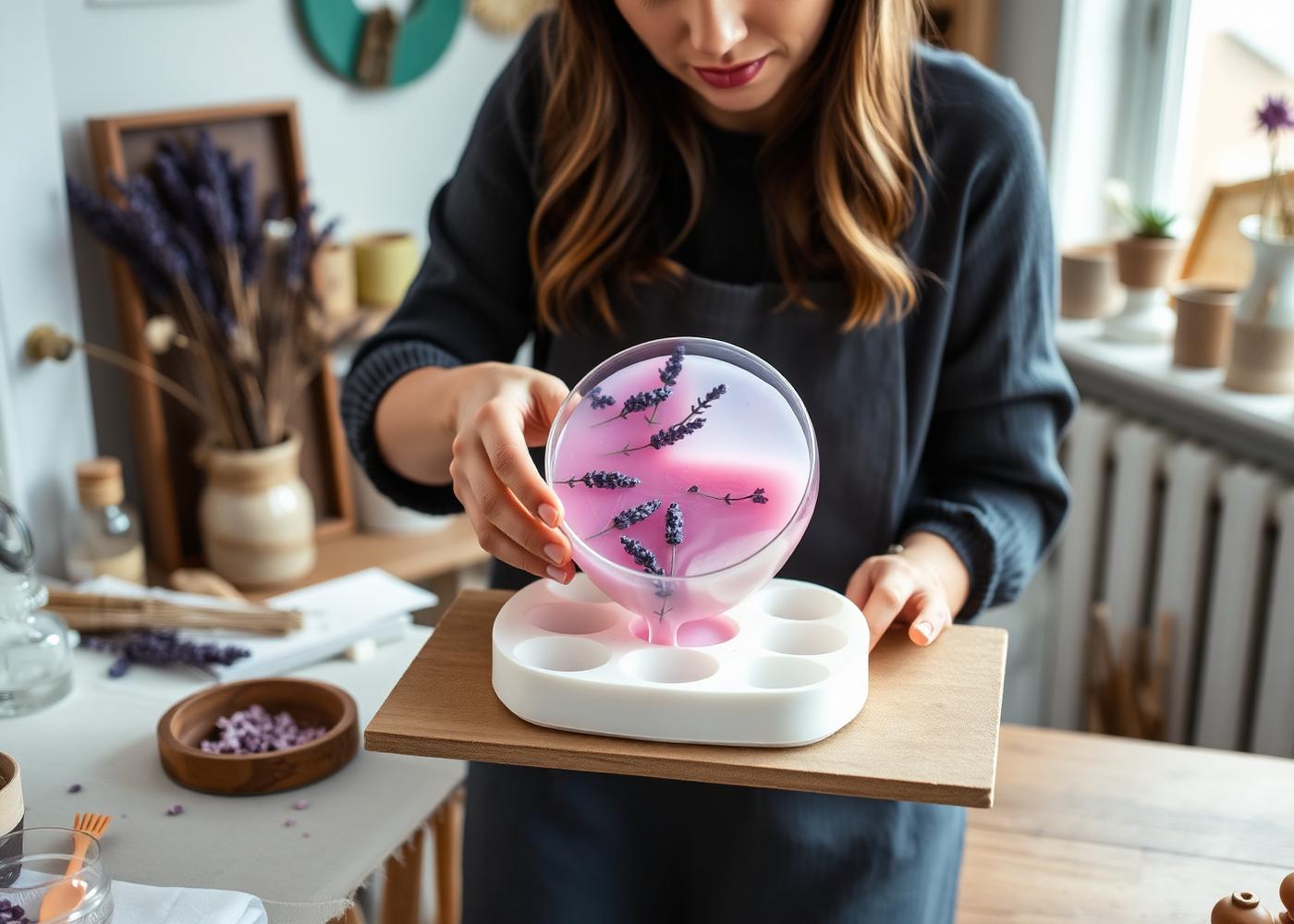 Maria pouring resin in her studio