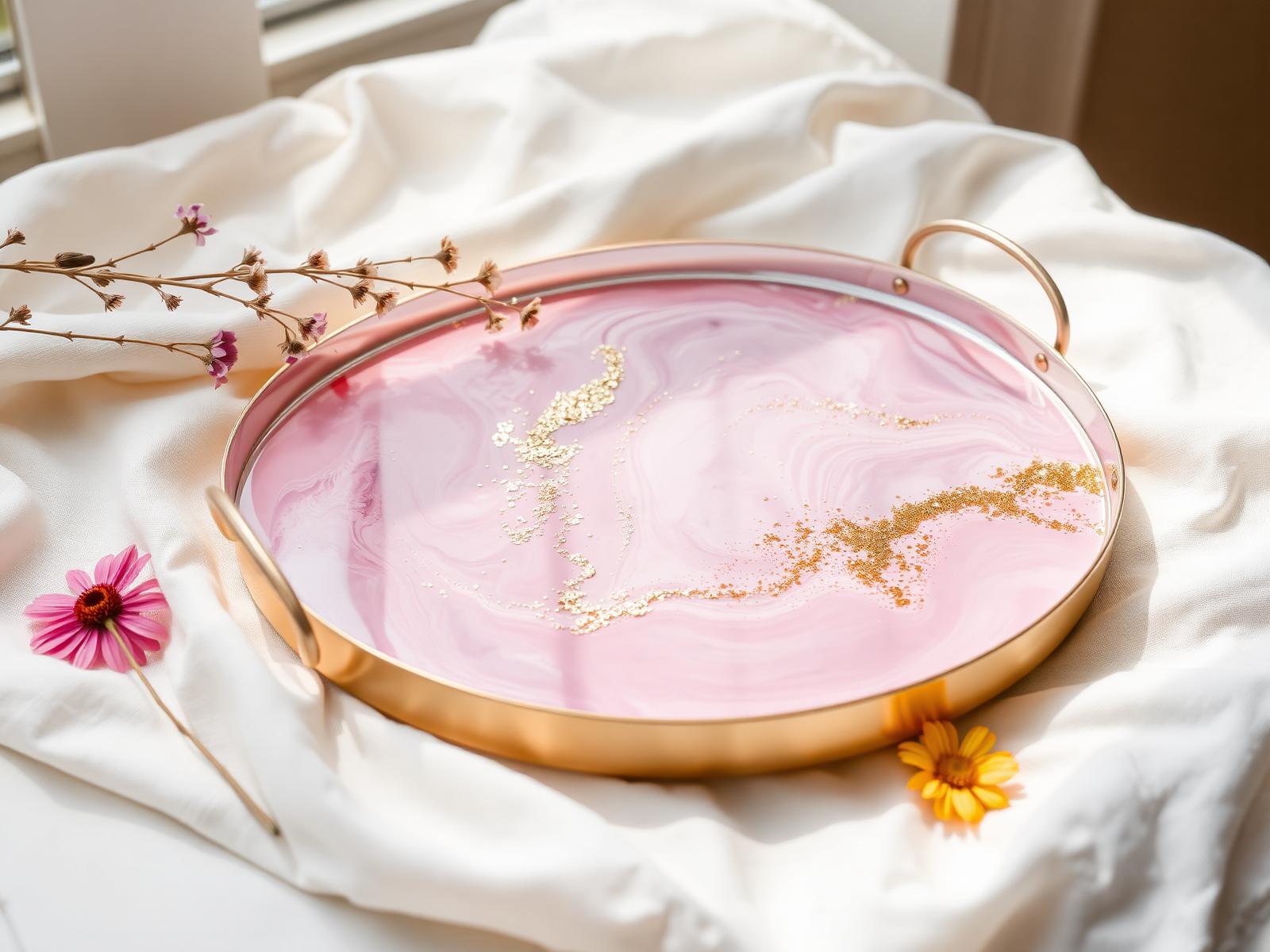 Hand-poured blush resin tray with gold flakes